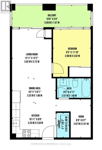 Vaughan condo for rent - A floor plan of a balcony apartment with a living room, dining area, kitchen, bedroom, and bathroom.