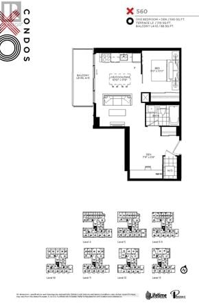 Toronto (South Parkdale) condo for rent - A floor plan for condo 560 shows a living area, bedrooms, and bathrooms.