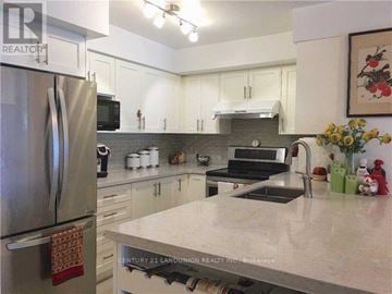 Toronto (Willowdale East) condo for rent - A kitchen with white cabinets and a stainless steel refrigerator.