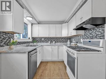 Windsor apartment for rent - A kitchen with white cabinets and a checkered backsplash.