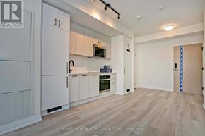 Toronto (Kensington-Chinatown) condo for rent - A kitchen with white cabinets and a wooden floor.