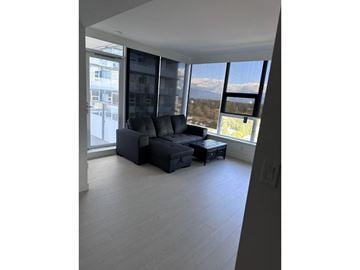 Surrey apartment for rent - A living room with a grey couch and a large window overlooking the mountains.