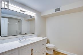 Fort Erie (Central) apartment for rent - A white bathroom with a sink, toilet, and mirror.