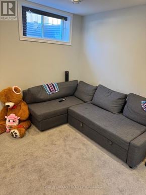 Thorold (Rolling Meadows) apartment for rent - A living room with a grey couch and a teddy bear.