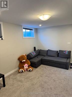 Thorold (Rolling Meadows) apartment for rent - A living room with a grey couch and a teddy bear.