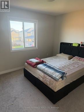 Thorold (Rolling Meadows) apartment for rent - A bedroom with a large bed and a window overlooking a residential area.