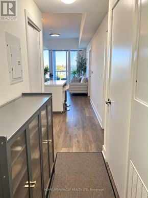 Toronto (Don Valley Village) condo for rent - A hallway with a brown carpet and white walls.