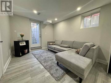Whitby (Williamsburg) apartment for rent - A living room with a grey couch and a grey rug.