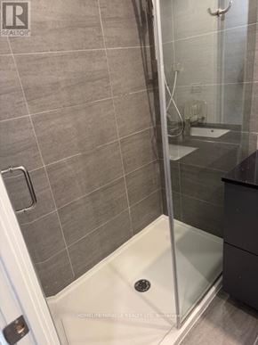 Mississauga (Mississauga Valleys) house for rent - A bathroom with a walk-in shower and a black cabinet.