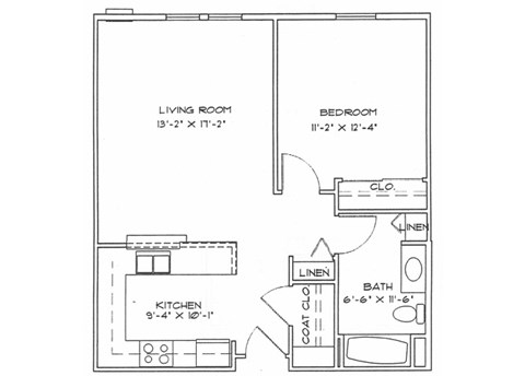 Floor plan for 1 bed, 1 bath, 683 sqft