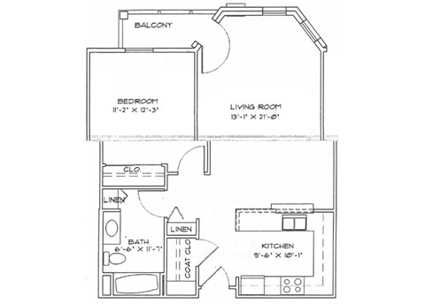 Floor plan for 1 bed, 1 bath, 752 sqft