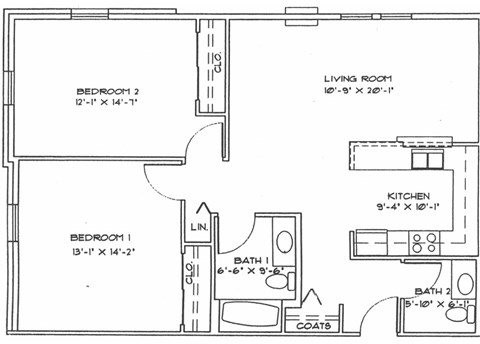 Floor plan for 2 beds, 1.5 baths, 1027 sqft