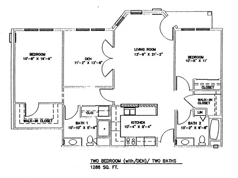 Floor plan for 2 beds, 2 baths, 1286 sqft