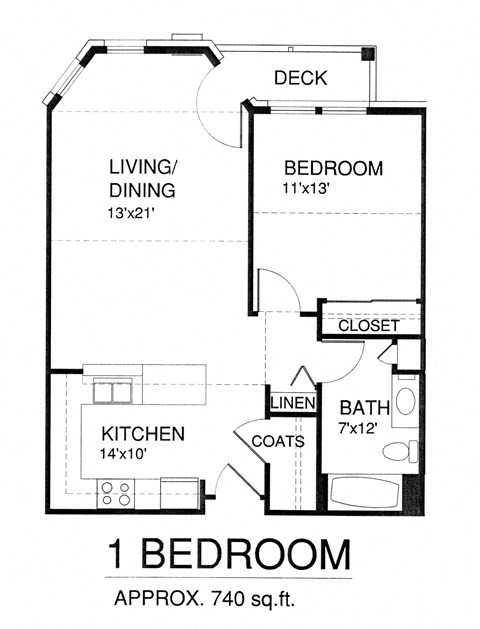Floor plan for 1 bed, 1 bath, 738 sqft