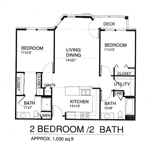 Floor plan for 2 beds, 2 baths, 1030 sqft