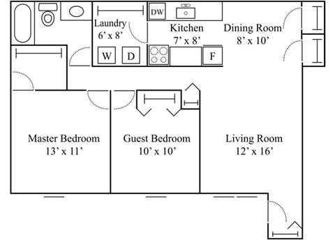 Floor plan for 2 beds, 1 bath
