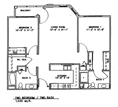 Floor plan for 2 beds, 2 baths, 1030 sqft