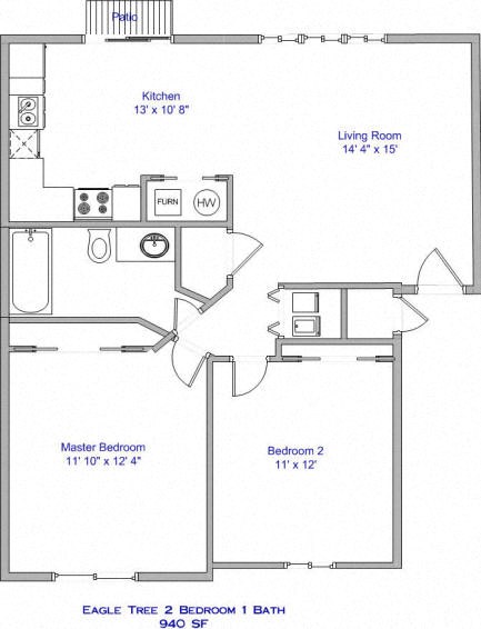 Floor plan for 2 beds, 1 bath, 940 sqft