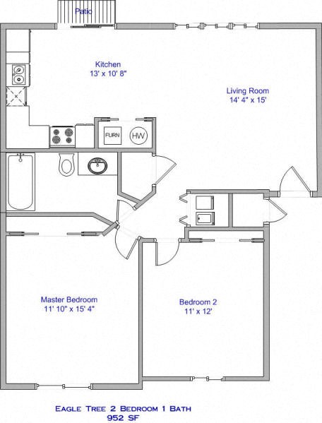 Floor plan for 2 beds, 1 bath, 952 sqft