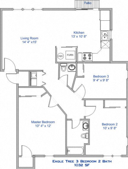 Floor plan for 3 beds, 2 baths, 1032 sqft