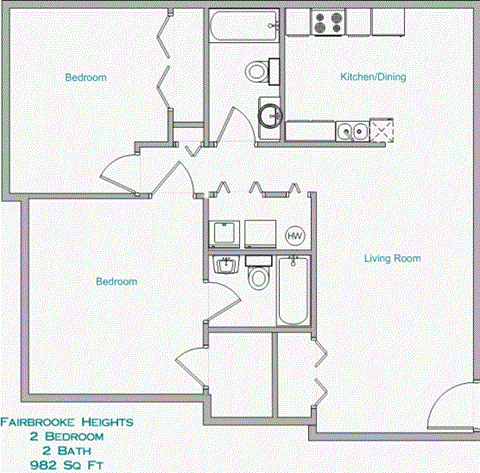 Floor plan for 2 beds, 2 baths, 982 sqft