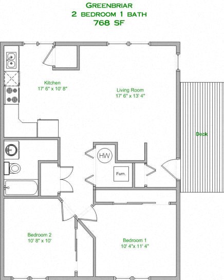 Floor plan for 2 beds, 1 bath, 768 sqft