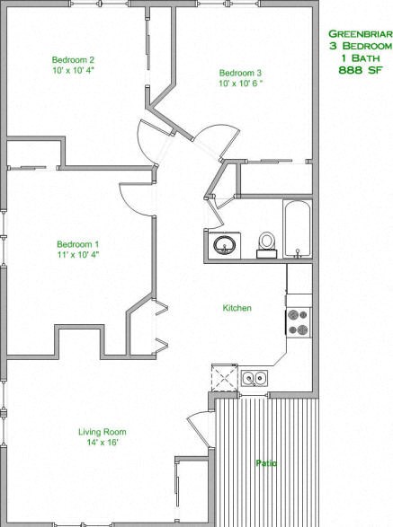 Floor plan for 3 beds, 1 bath, 888 sqft