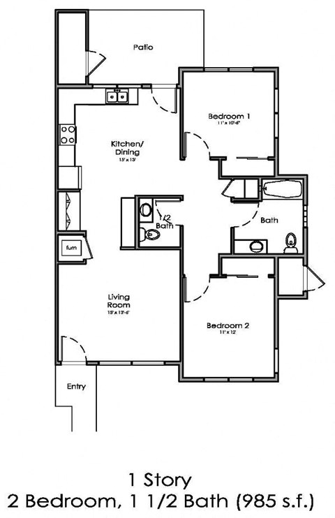 Floor plan for 2 beds, 1.5 baths, 985 sqft