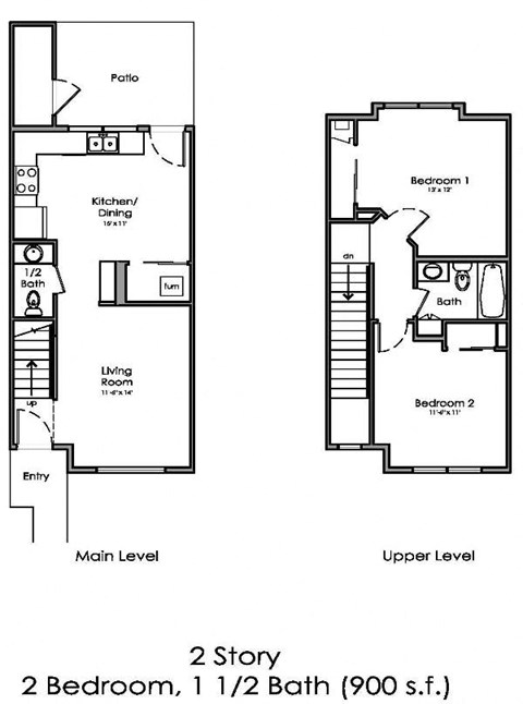 Floor plan for 2 beds, 1.5 baths, 900 sqft