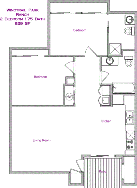Floor plan for 2 beds, 2 baths, 929 sqft