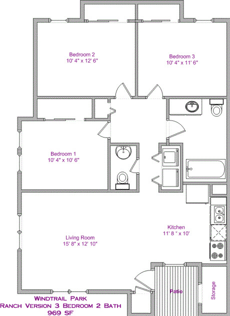 Floor plan for 3 beds, 2 baths, 969 sqft