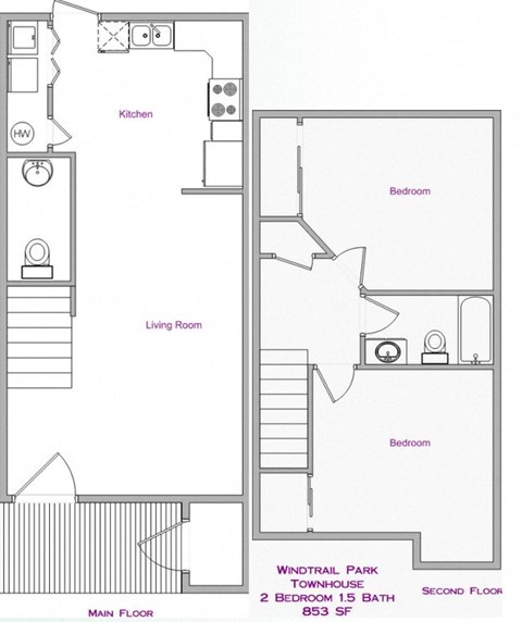 Floor plan for 2 beds, 1.5 baths, 853 sqft