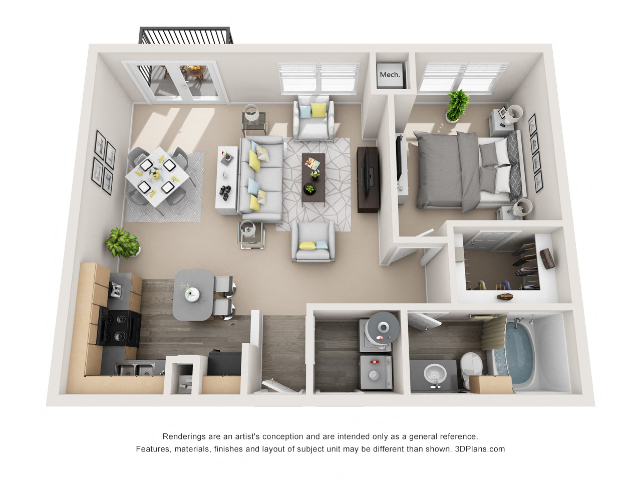 Floor plan for 1 bed, 1 bath, 792 sqft
