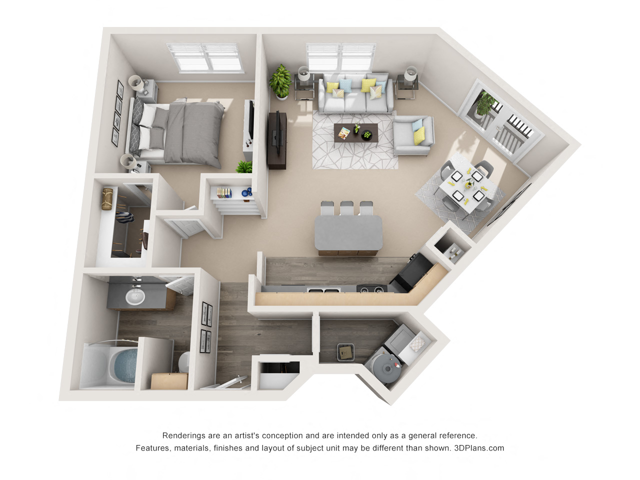 Floor plan for 1 bed, 1 bath, 1006 sqft