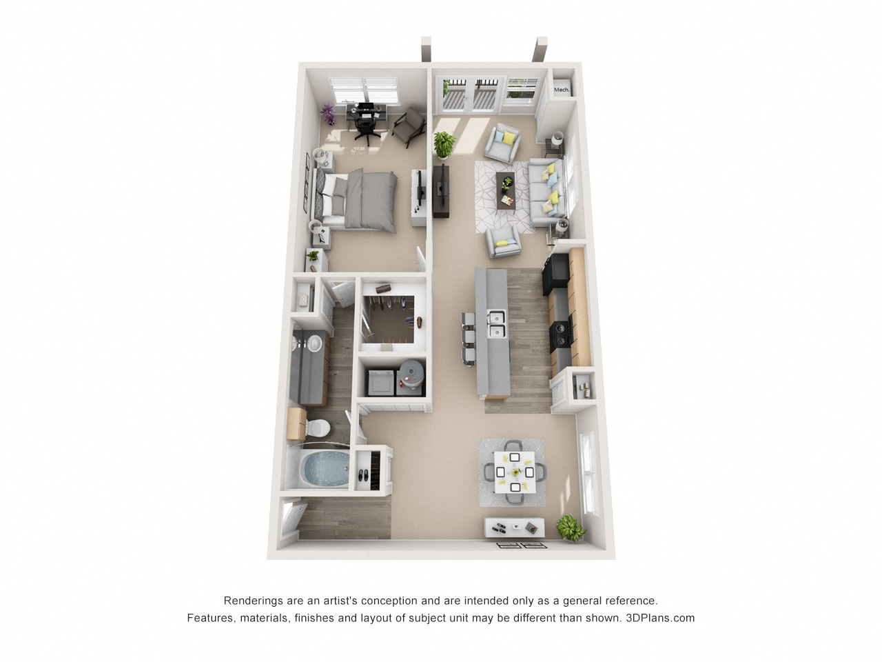 Floor plan for 1 bed, 1 bath, 1023 sqft