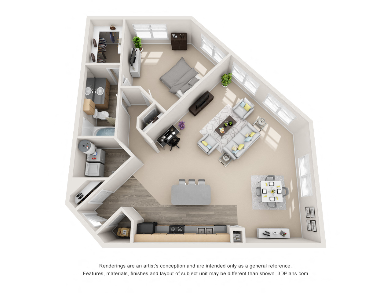 Floor plan for 1 bed, 1 bath, 1310 sqft