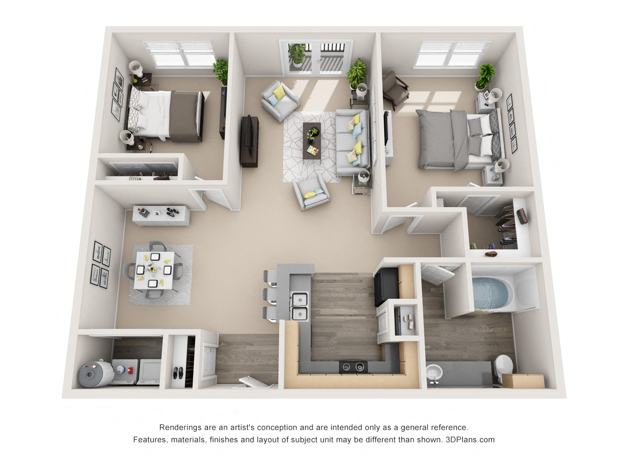 Floor plan for 2 beds, 1 bath, 1032 sqft