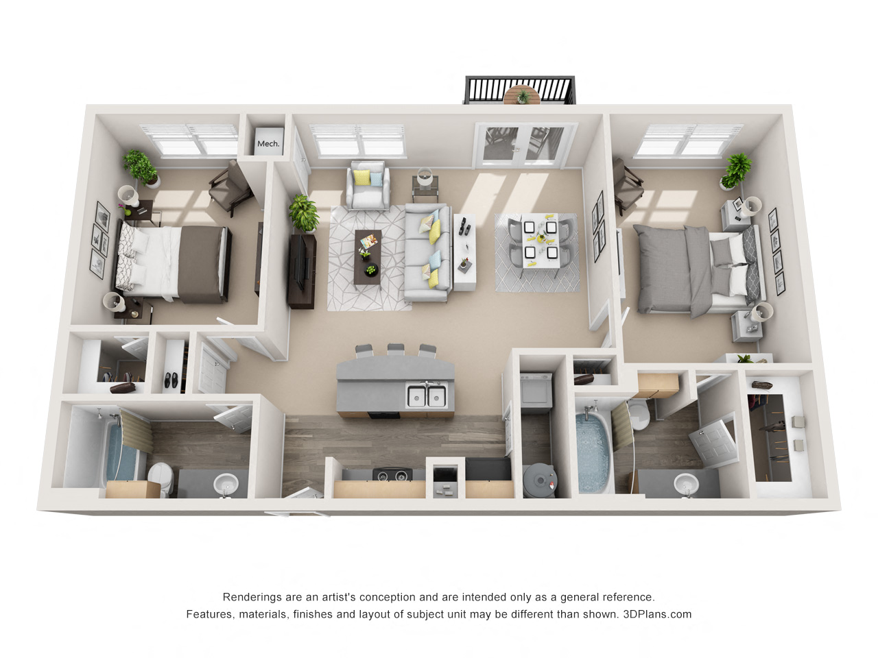 Floor plan for 2 beds, 2 baths, 1056 sqft