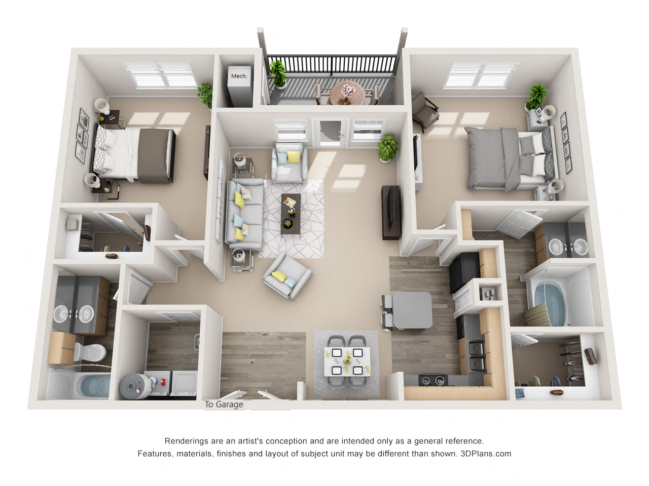 Floor plan for 2 beds, 2 baths, 1215 sqft