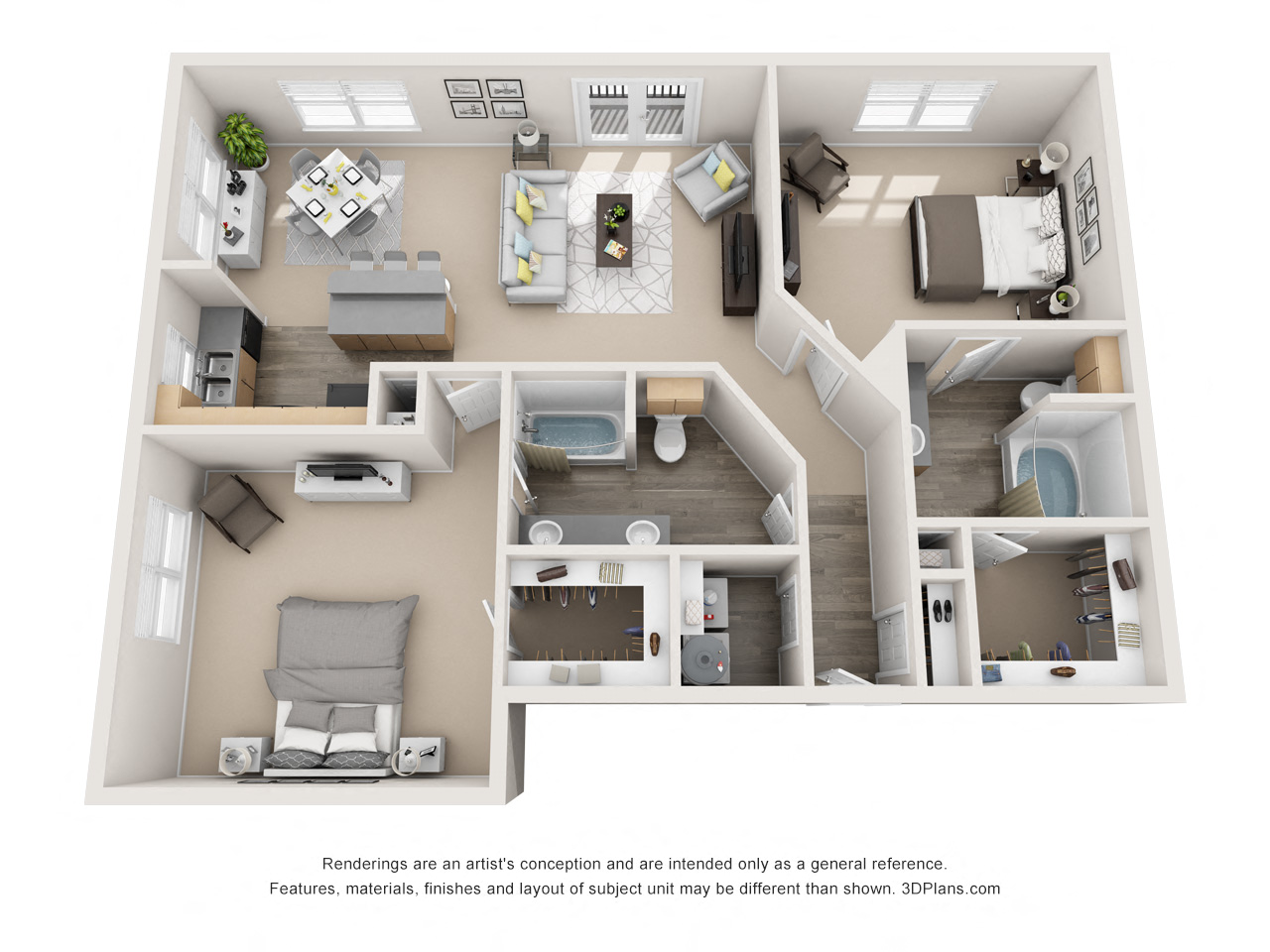 Floor plan for 2 beds, 2 baths, 1363 sqft