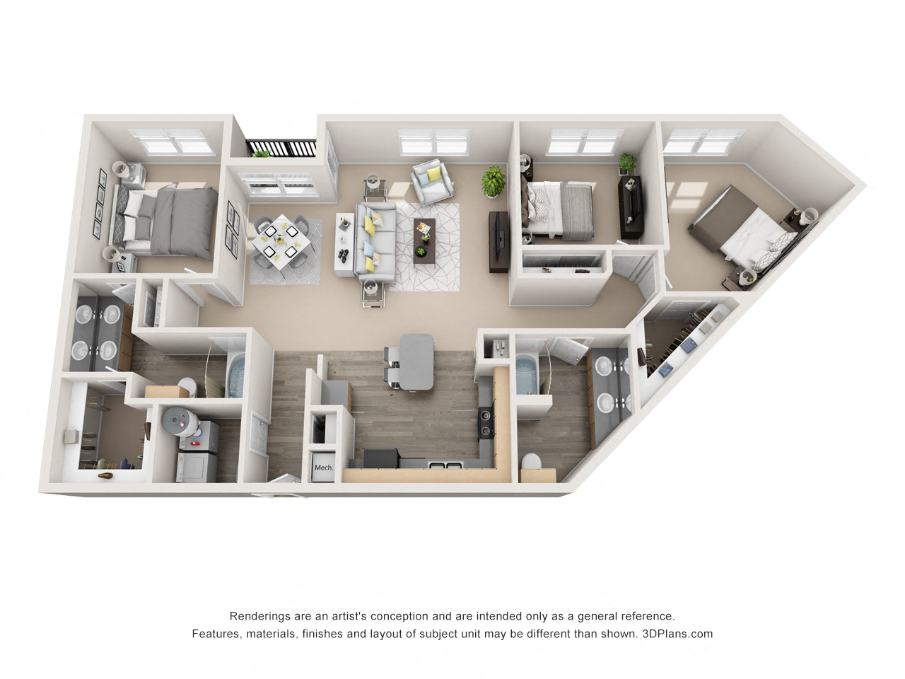 Floor plan for 3 beds, 2 baths, 1488 sqft