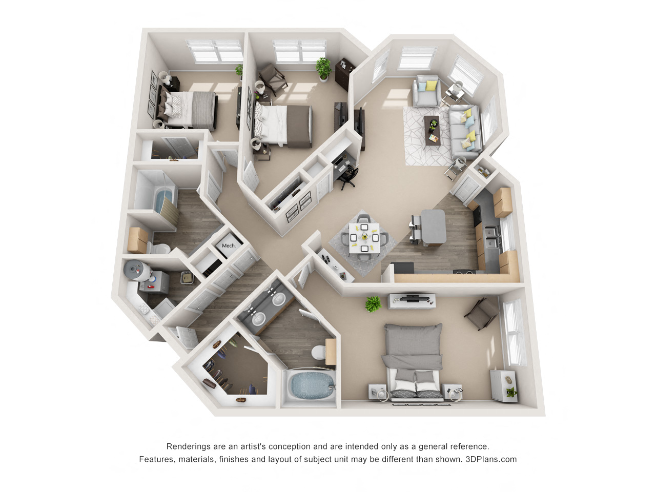 Floor plan for 3 beds, 2 baths, 1493 sqft
