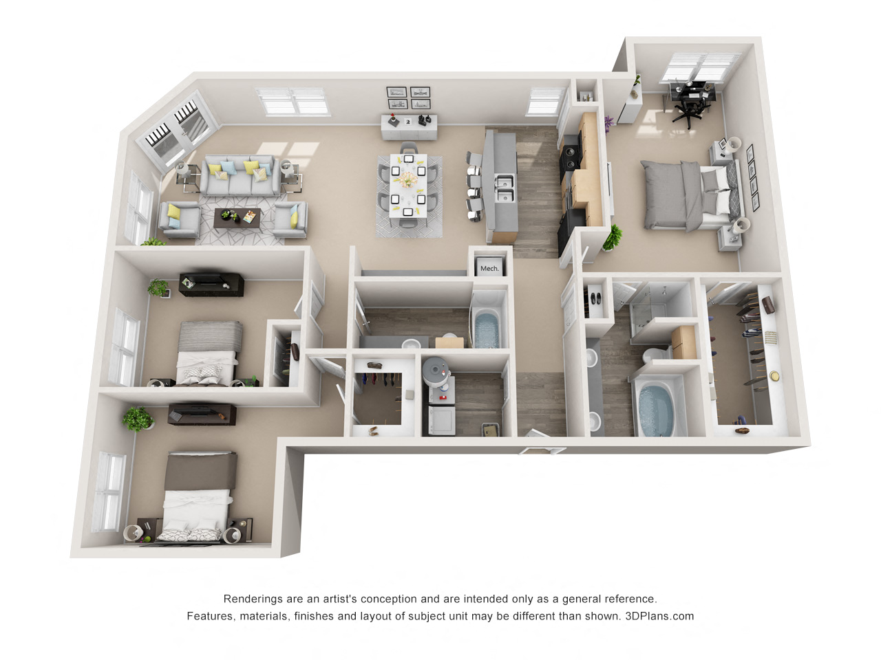 Floor plan for 3 beds, 2 baths, 1668 sqft