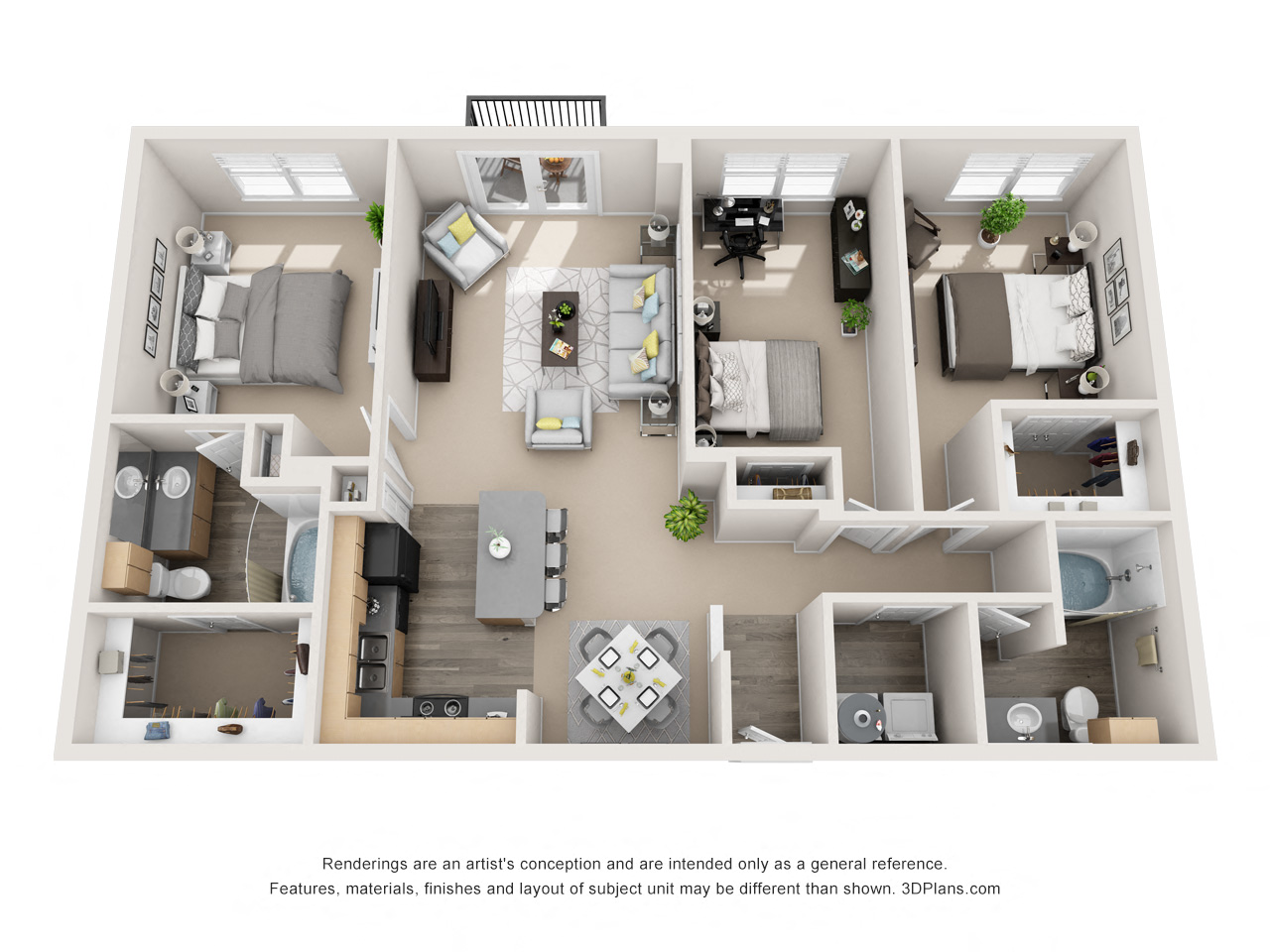 Floor plan for 3 beds, 2 baths, 1428 sqft