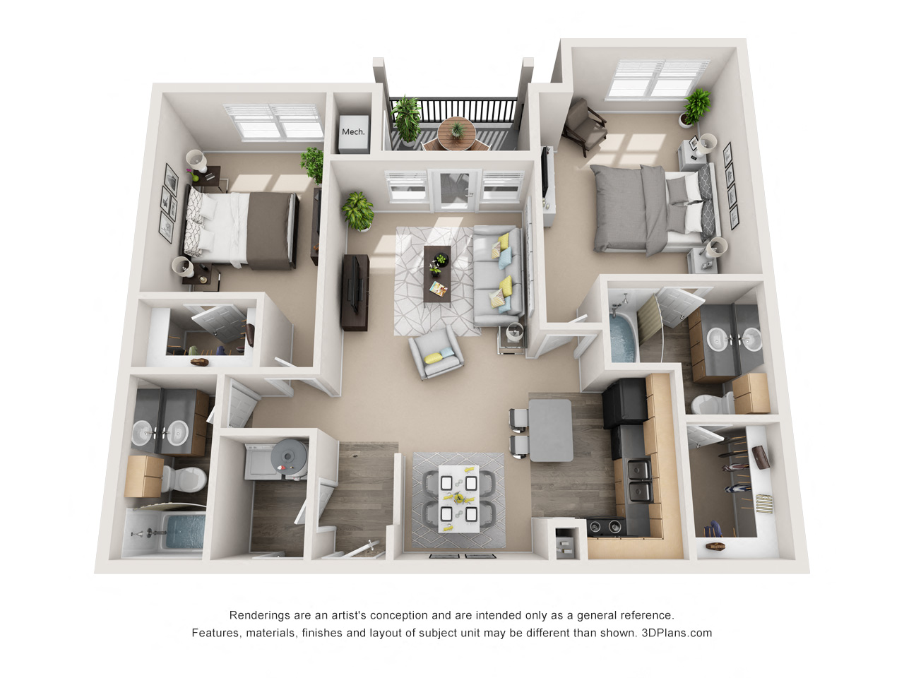 Floor plan for 2 beds, 2 baths, 1070 sqft