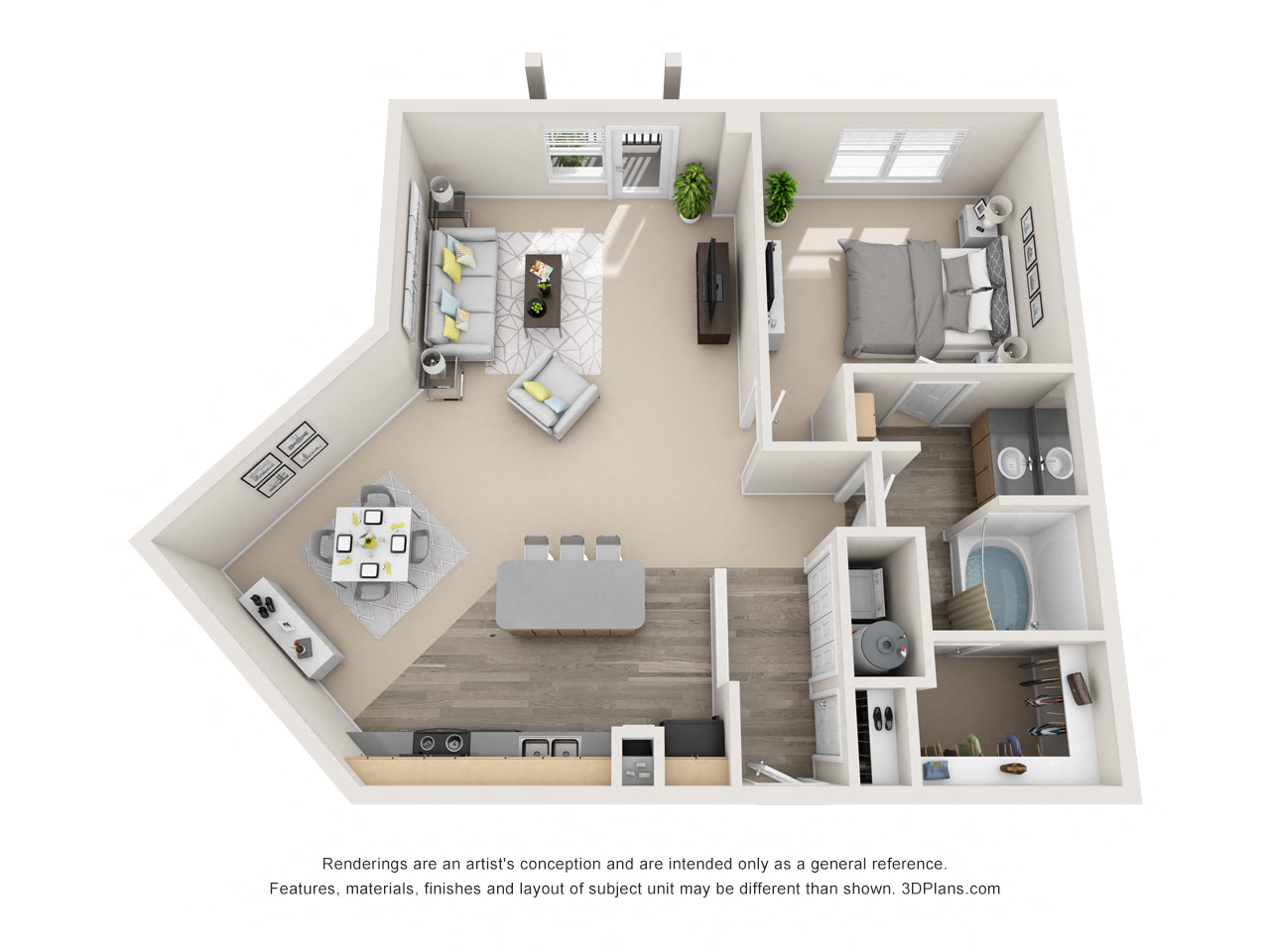 Floor plan for 1 bed, 1 bath, 969 sqft