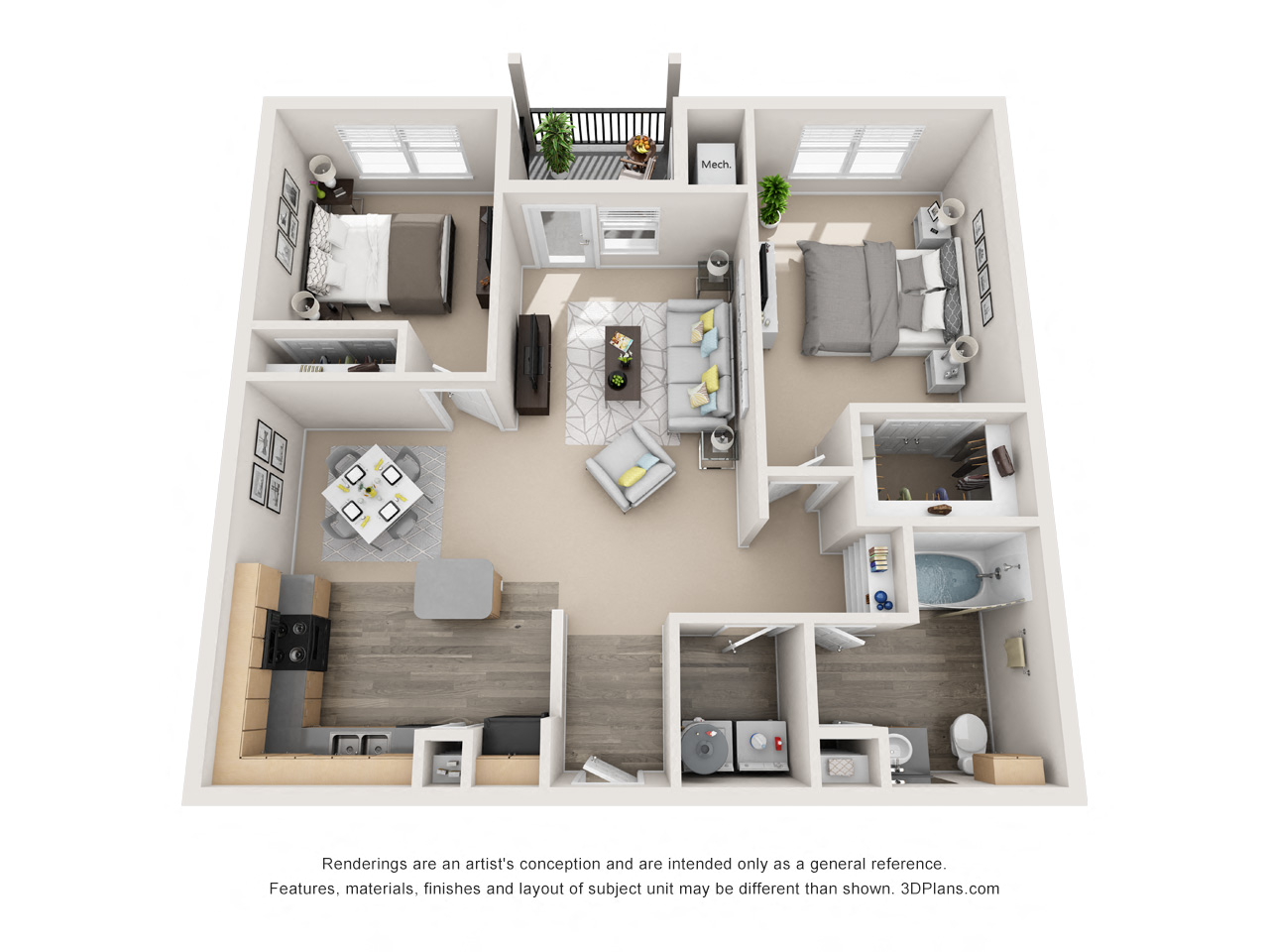 Floor plan for 2 beds, 1 bath, 931 sqft