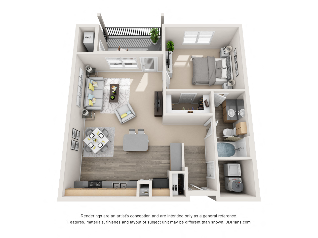 Floor plan for 1 bed, 1 bath, 802 sqft