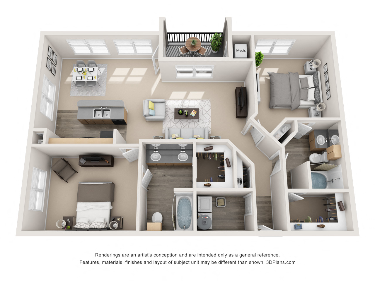 Floor plan for 2 beds, 2 baths, 1239 sqft
