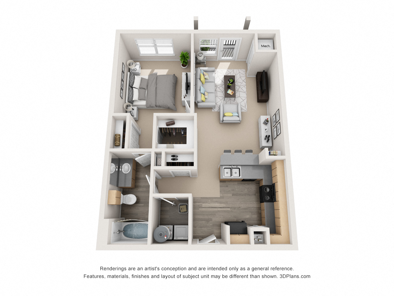 Floor plan for 1 bed, 1 bath, 825 sqft